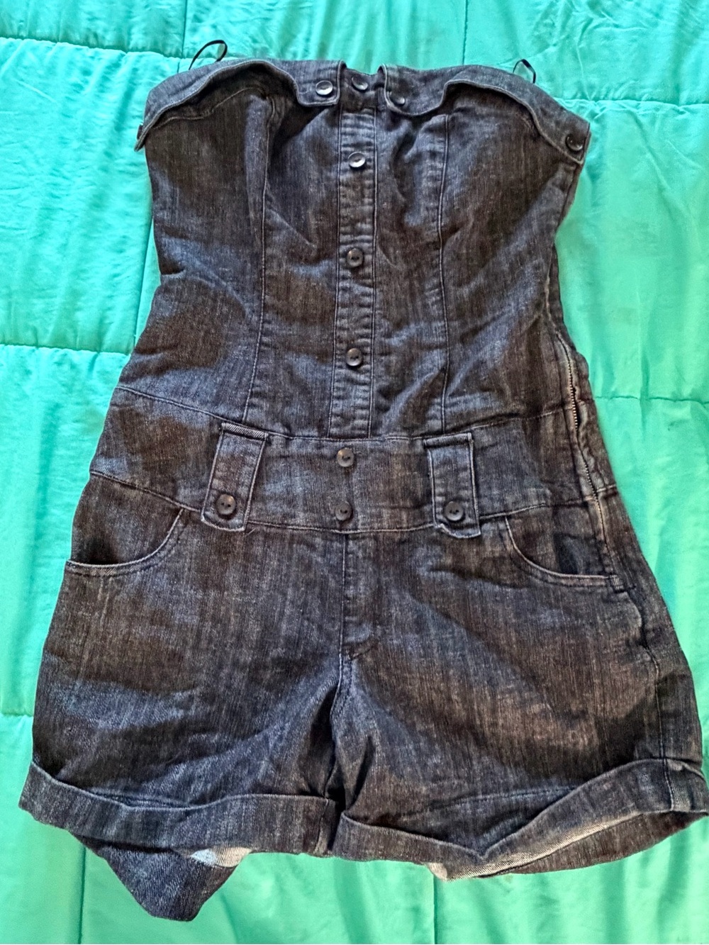 Black Strapless Denim Romper Shorts